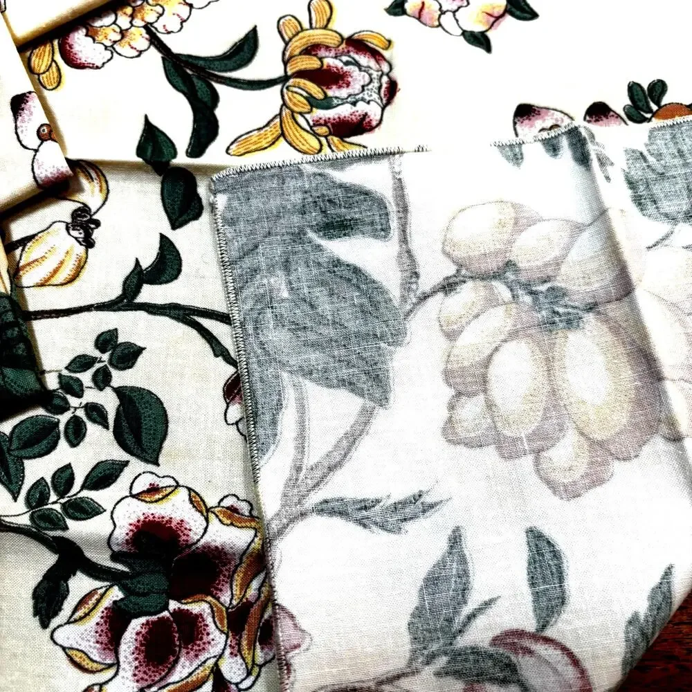 Cloth napkins set of 6 Jacobean style floral print on pale yellow cotton squares